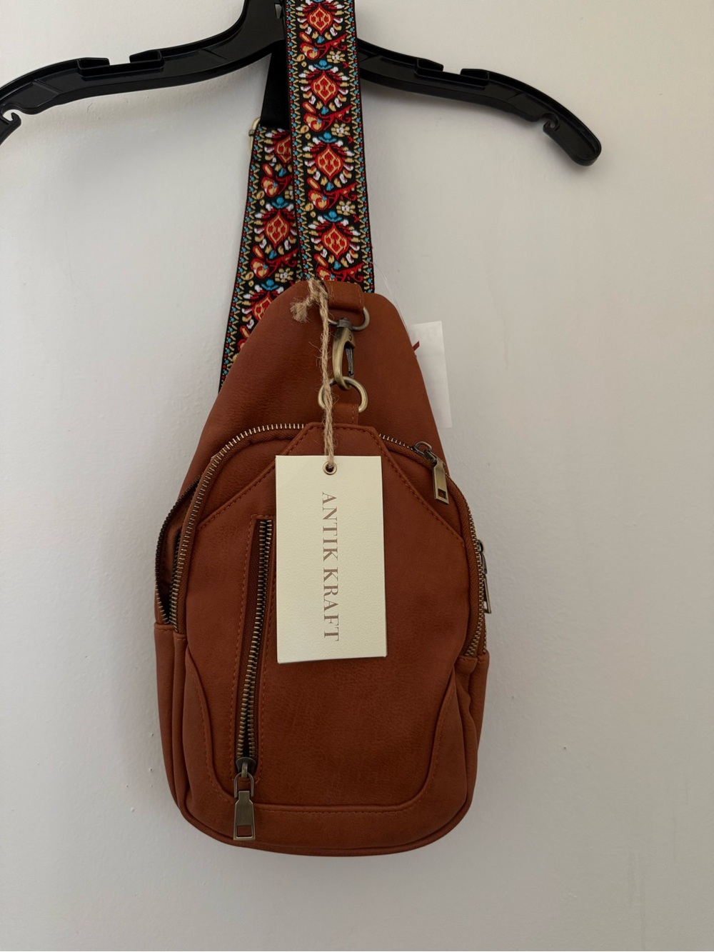 Antik Kraft Brown Crossbody Bag with Multicolor Embroidered Strap